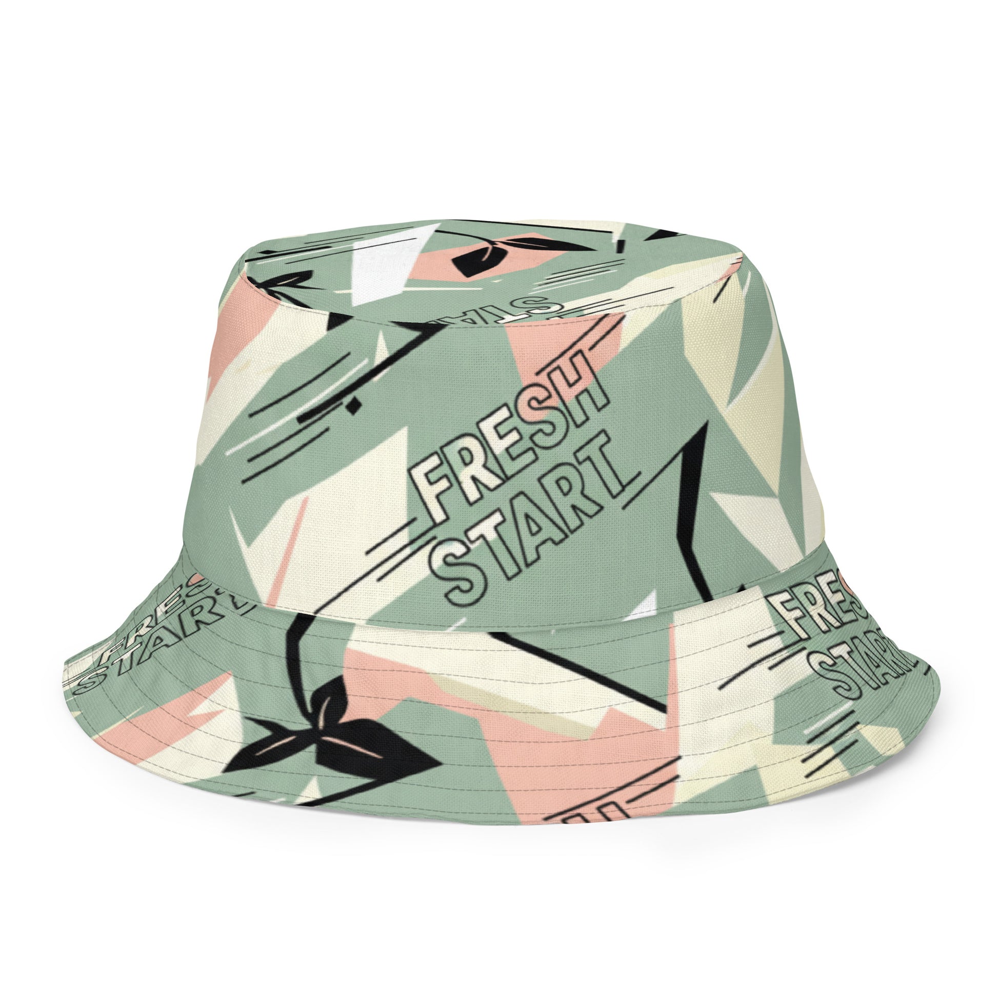 Bucket hat with geometric pattern and 'Fresh Start' text on a white background