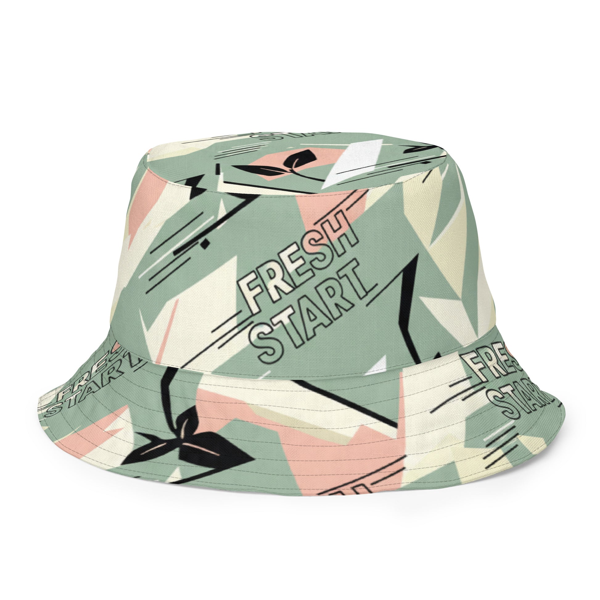 Bucket hat with 'Fresh Start' text and abstract design on a white background