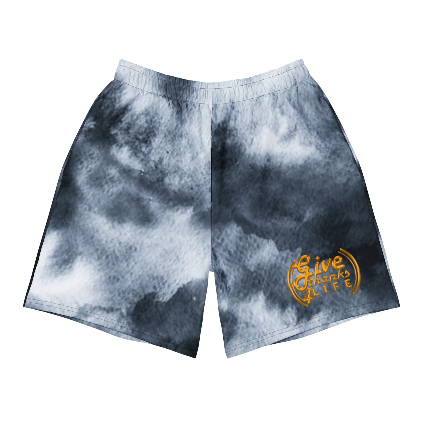 Tie-dye shorts with a logo on a white background