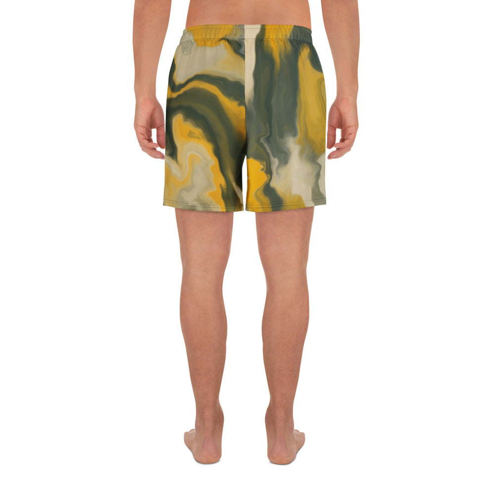 Person wearing marbled shorts on a white background