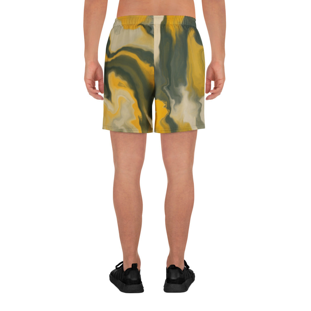 Person wearing marbled shorts on a white background