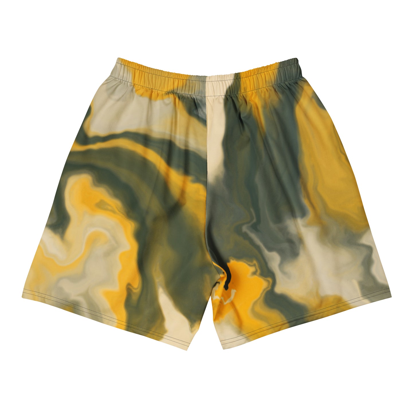 Marbled shorts with green and yellow pattern on a white background