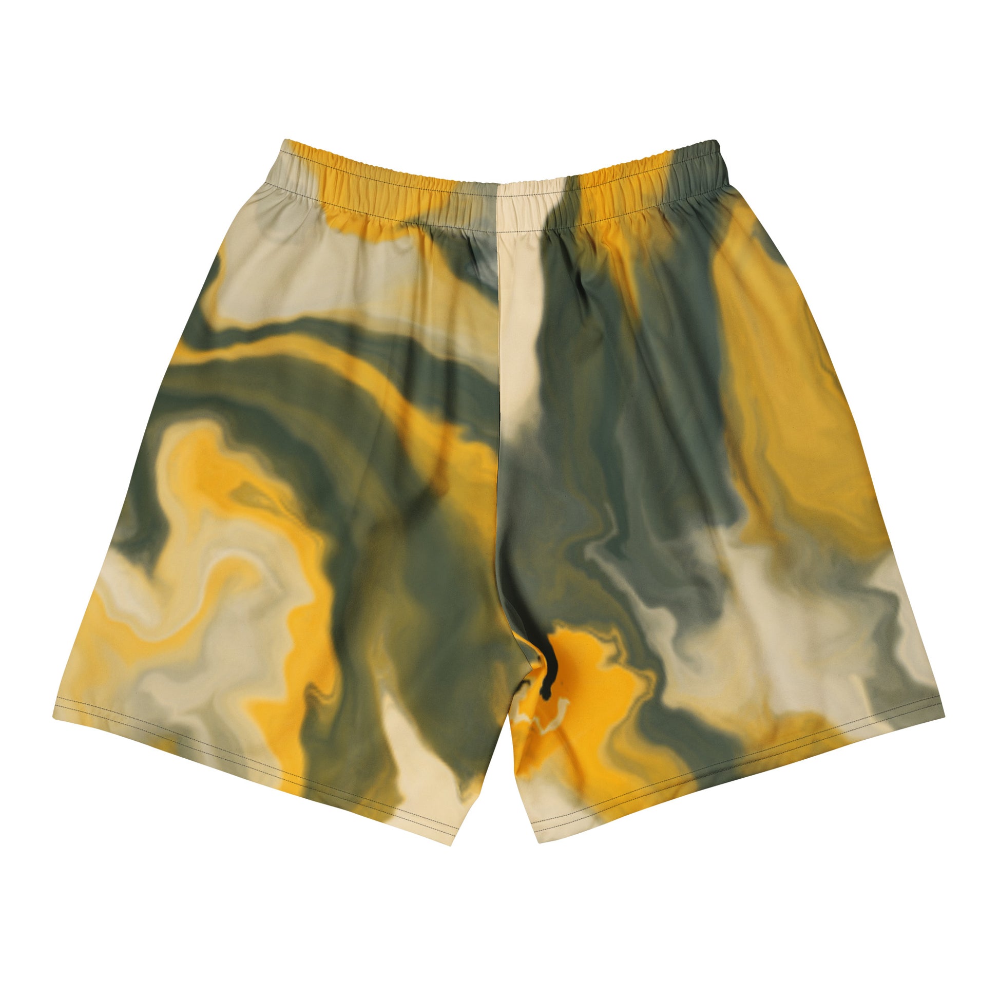 Marbled shorts with green and yellow pattern on a white background