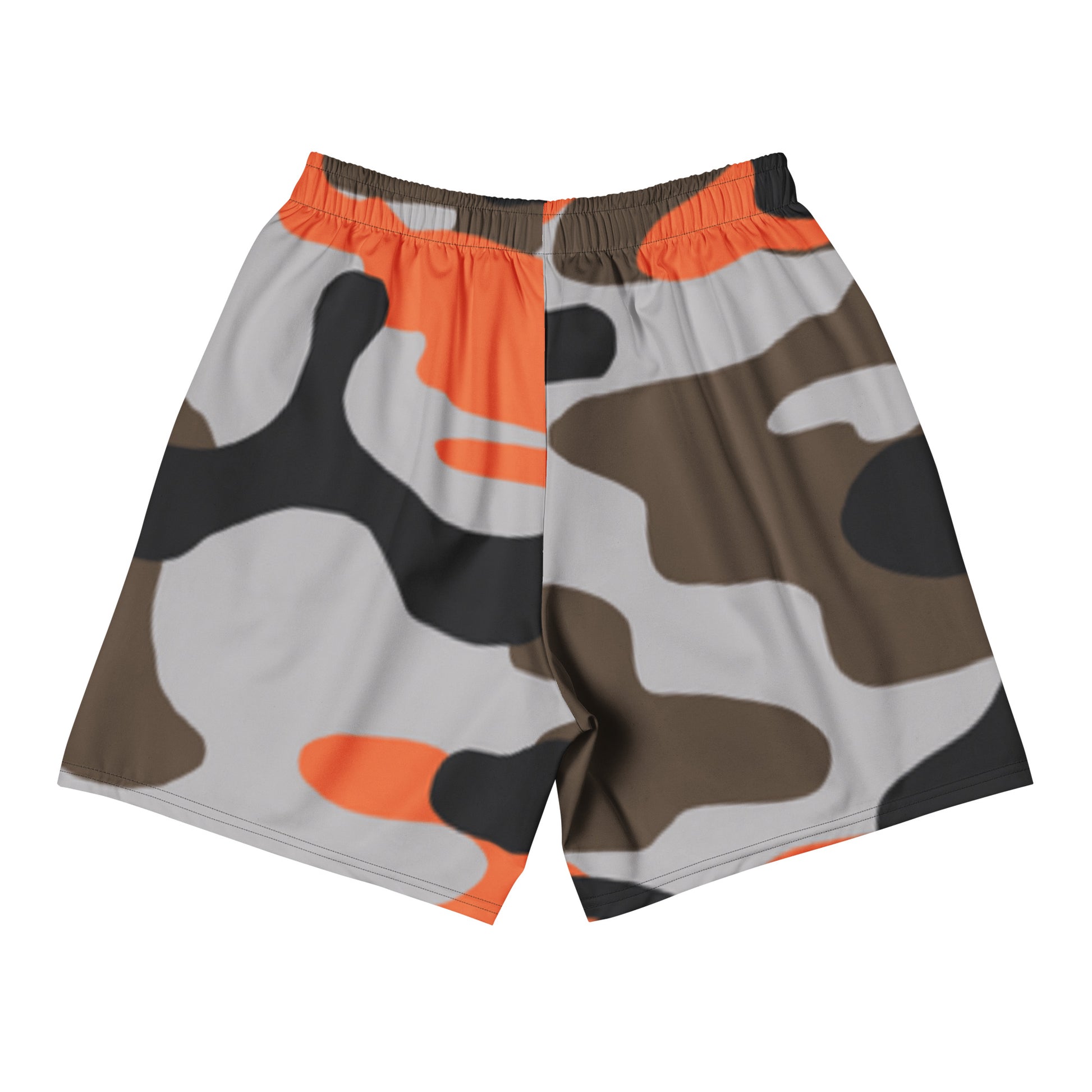 Camouflage shorts with orange accents on a white background