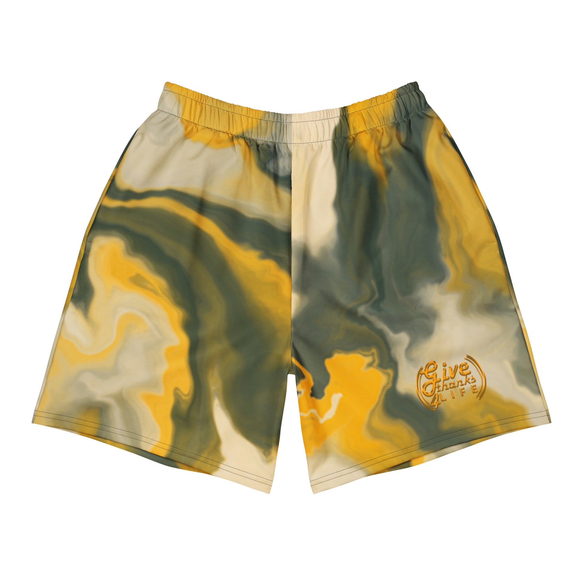 Marbled shorts with yellow and green pattern on a white background