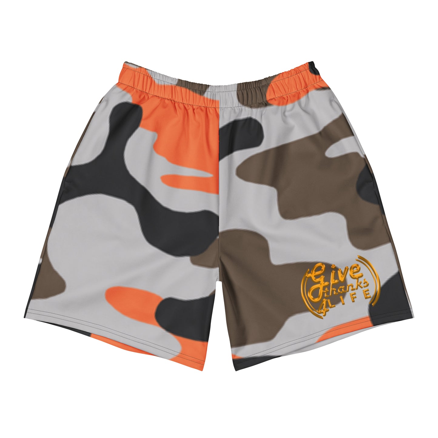 Camouflage shorts with orange accents and a logo on a white background