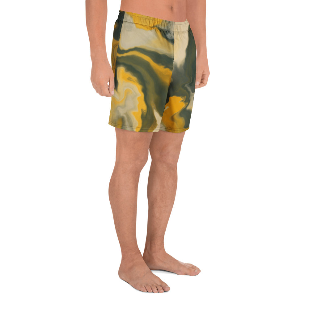 Person wearing camouflage shorts on a white background