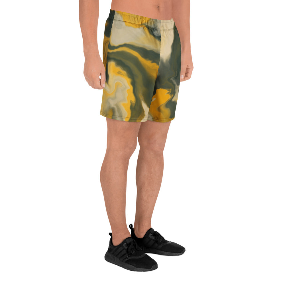 Person wearing camouflage shorts on a white background