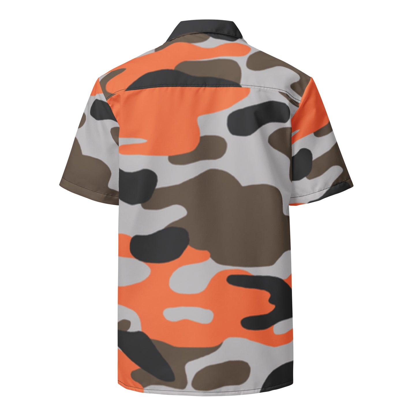 Camouflage-patterned shirt with orange, gray, and black colors on a white background