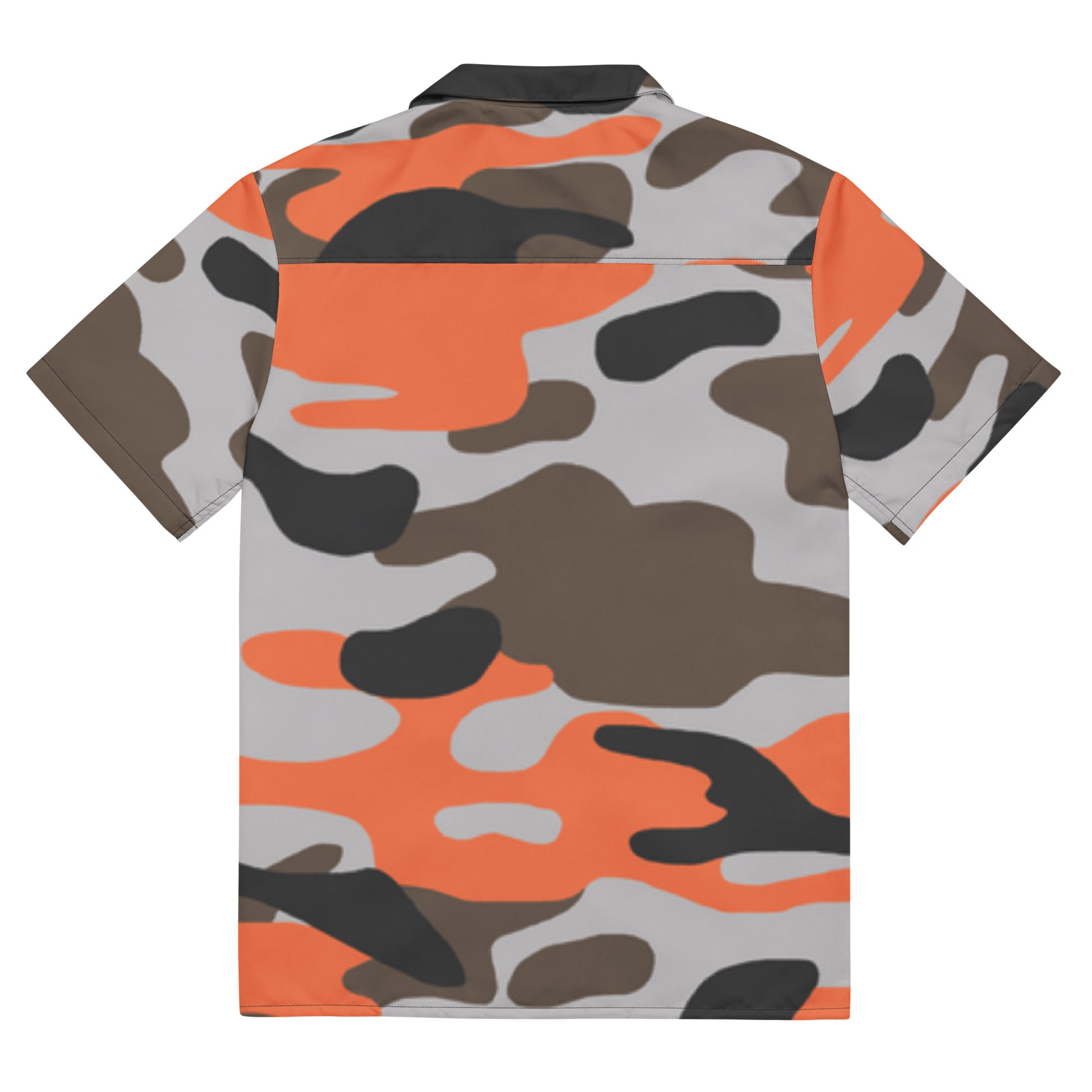 Camouflage-patterned shirt with orange, brown, and gray colors on a white background