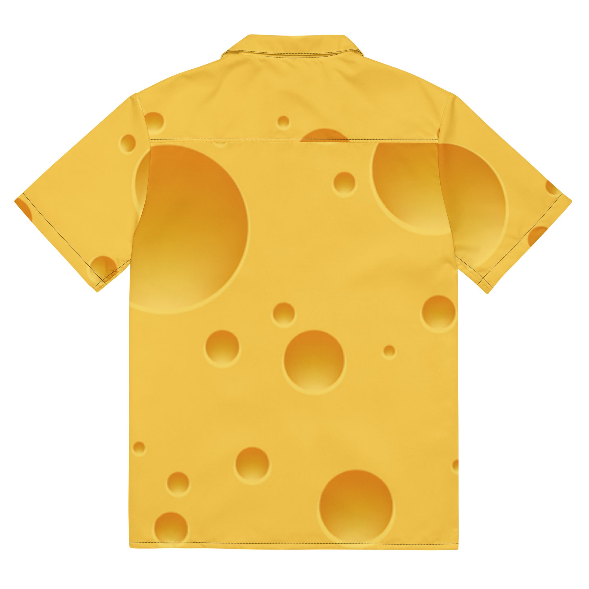 Yellow shirt with a pattern resembling Swiss cheese on a white background