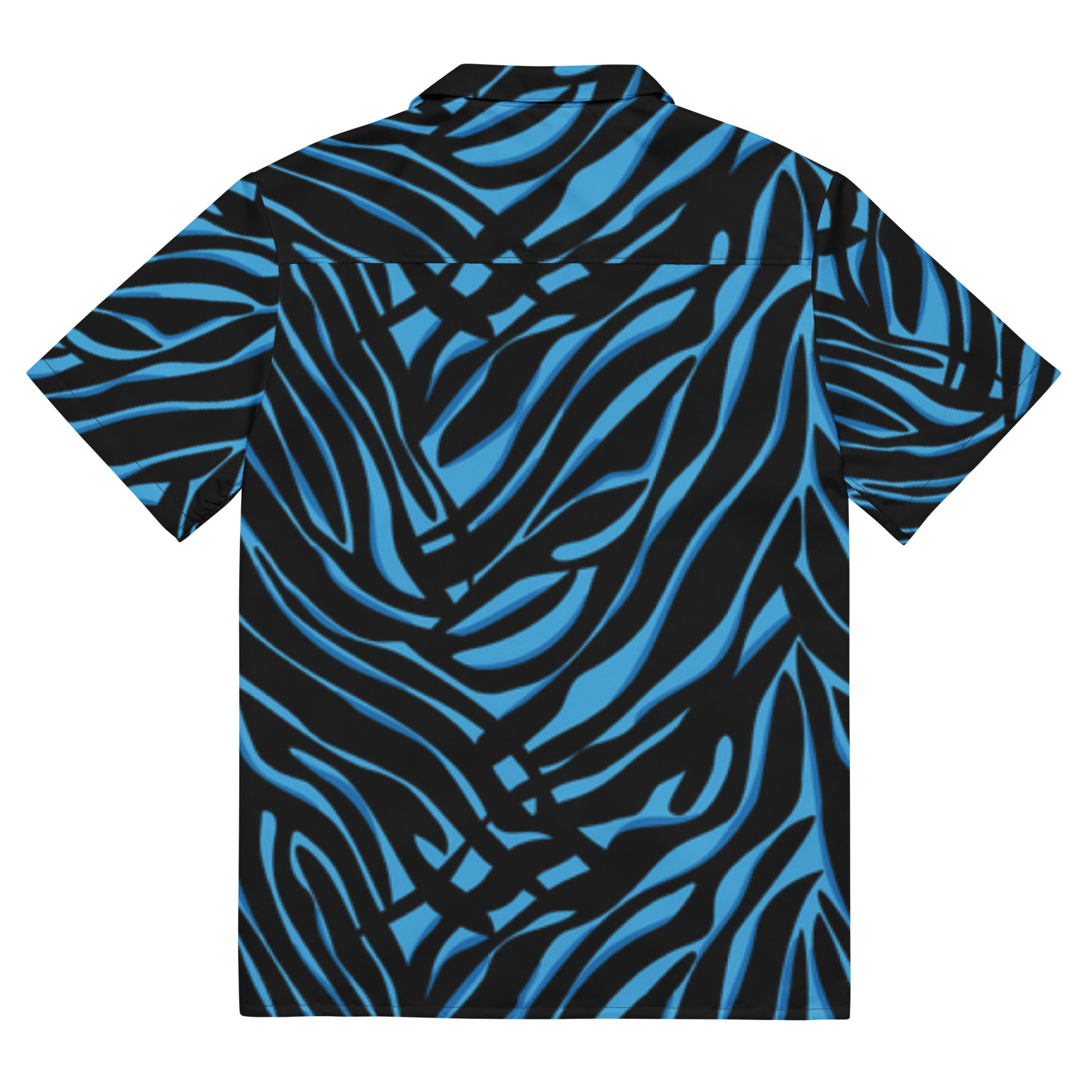 Blue and black zebra pattern shirt on a white background