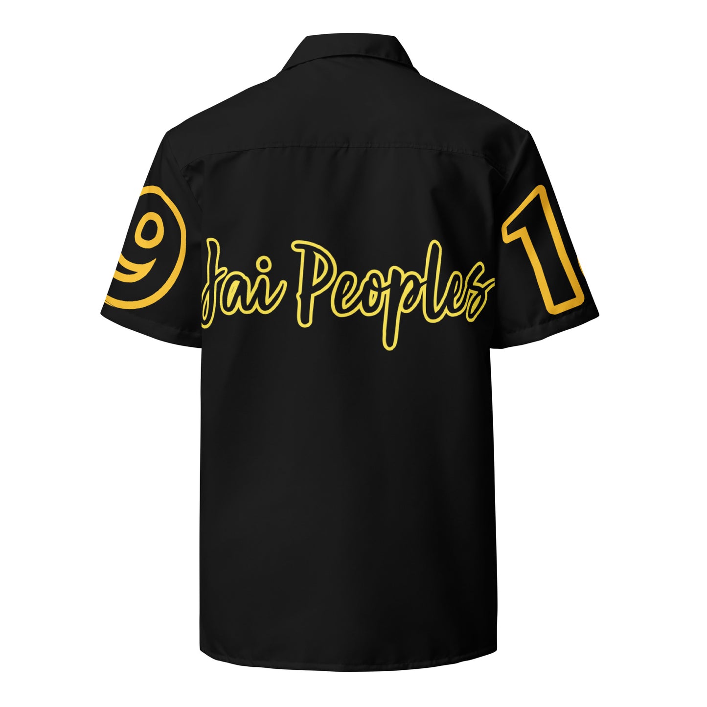 Black shirt with yellow text and numbers on a white background