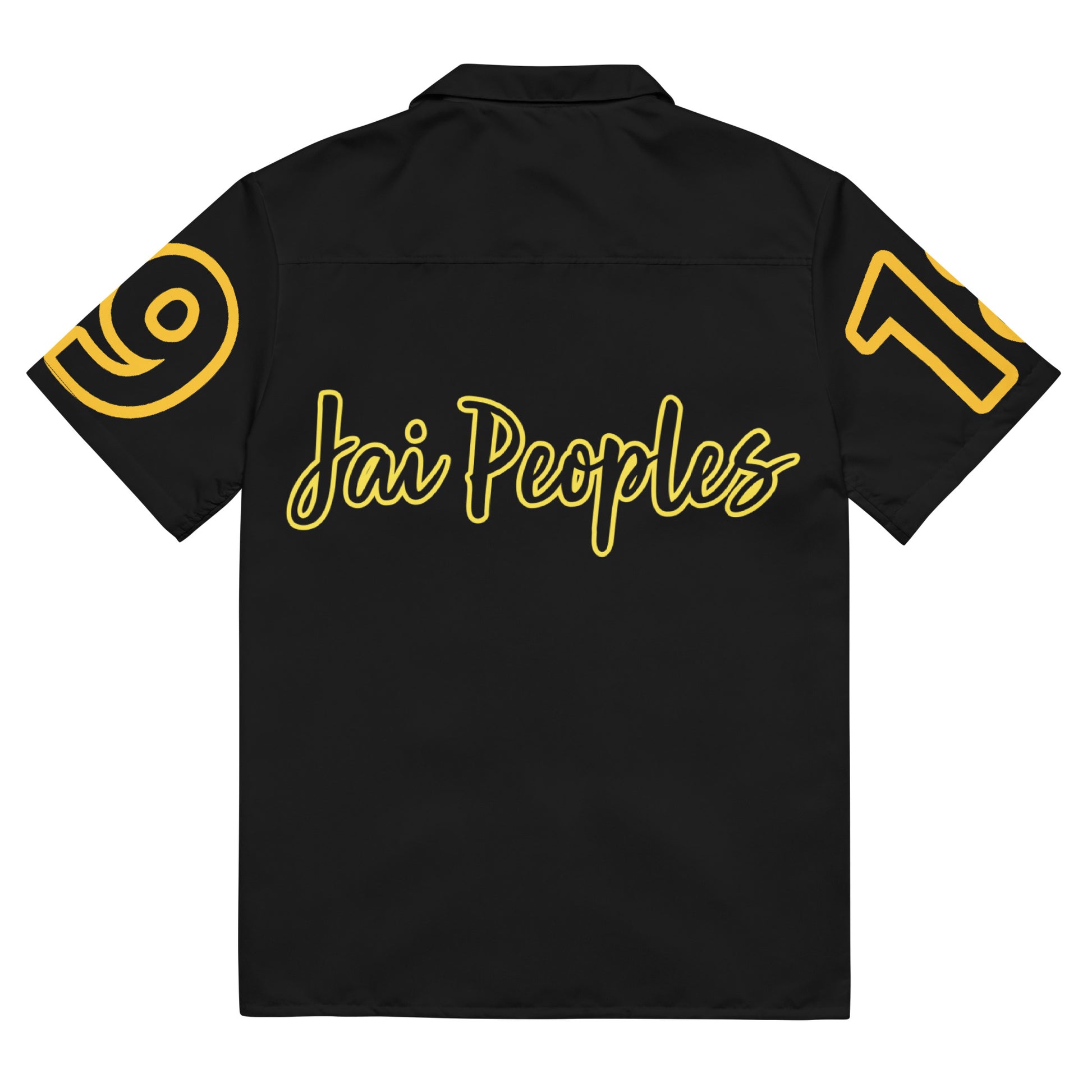 Black shirt with yellow text and designs on a white background