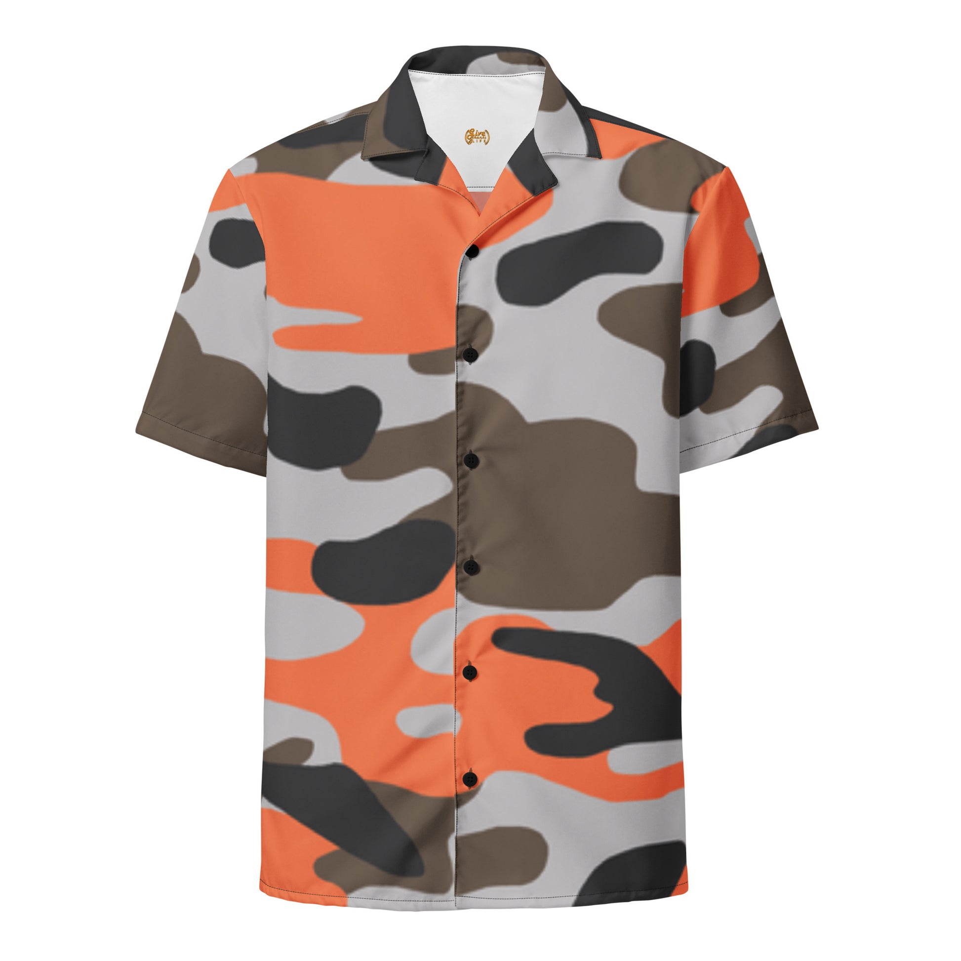 Camouflage-patterned shirt with orange accents on a white background