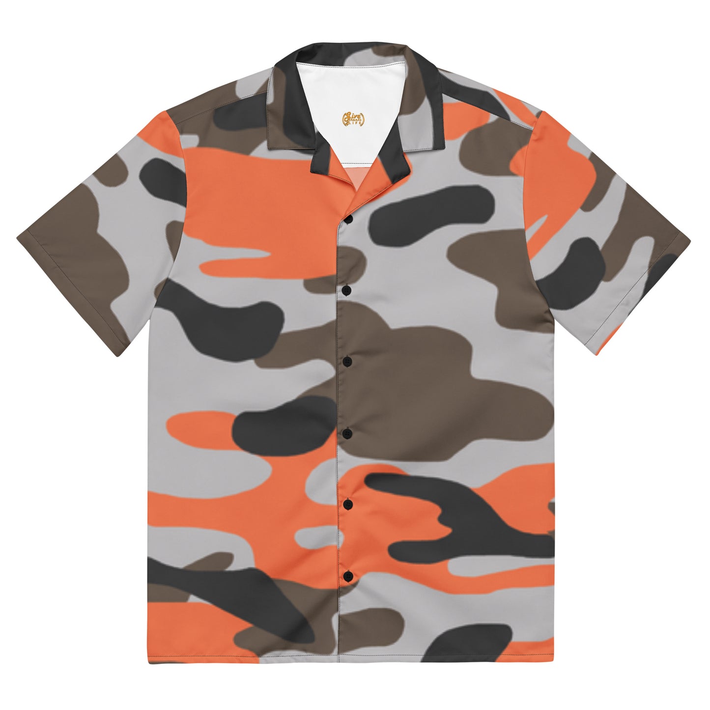 Camouflage-patterned shirt with orange accents on a white background