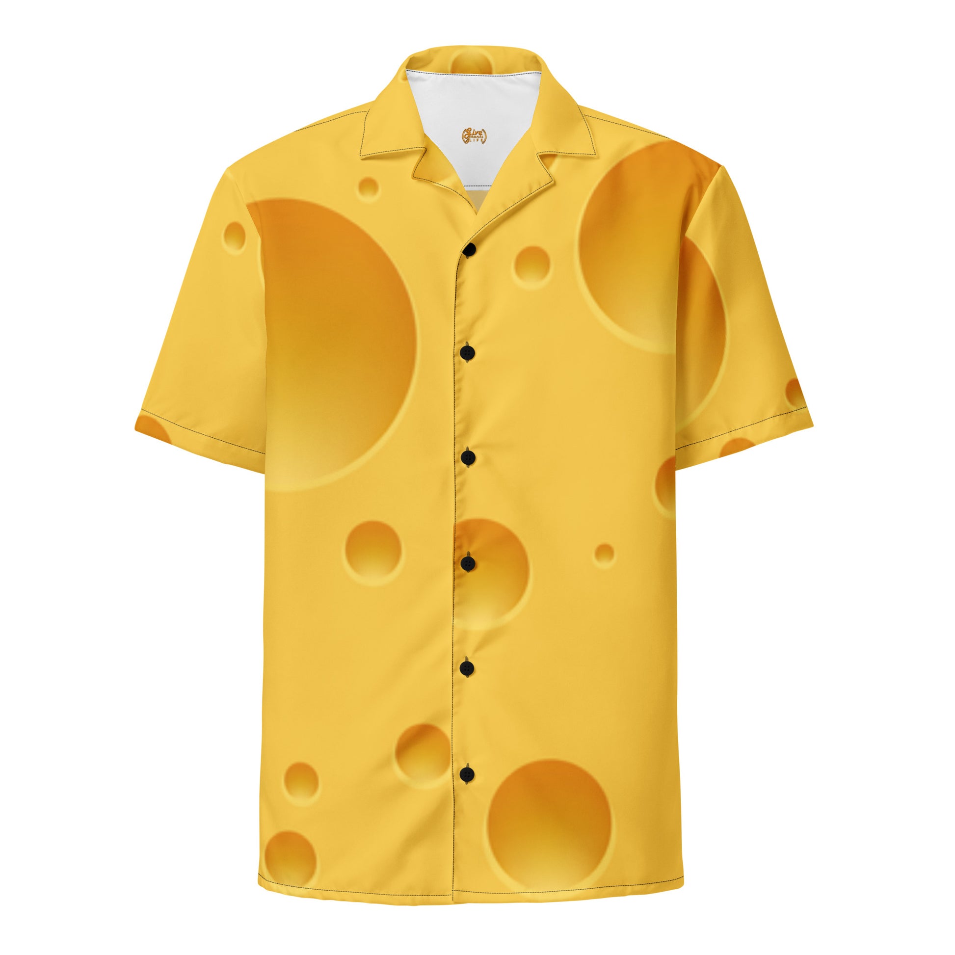 Yellow shirt with large circular holes on a white background