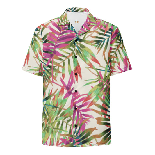Colorful tropical leaf pattern shirt on a white background