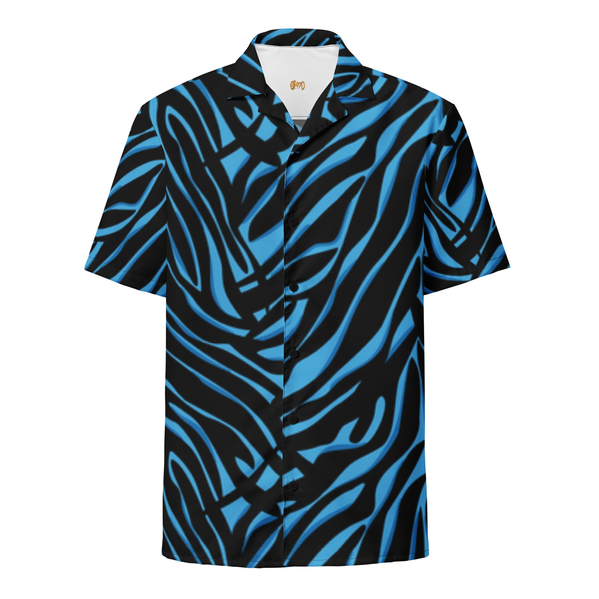 Blue and black zebra pattern shirt on a white background