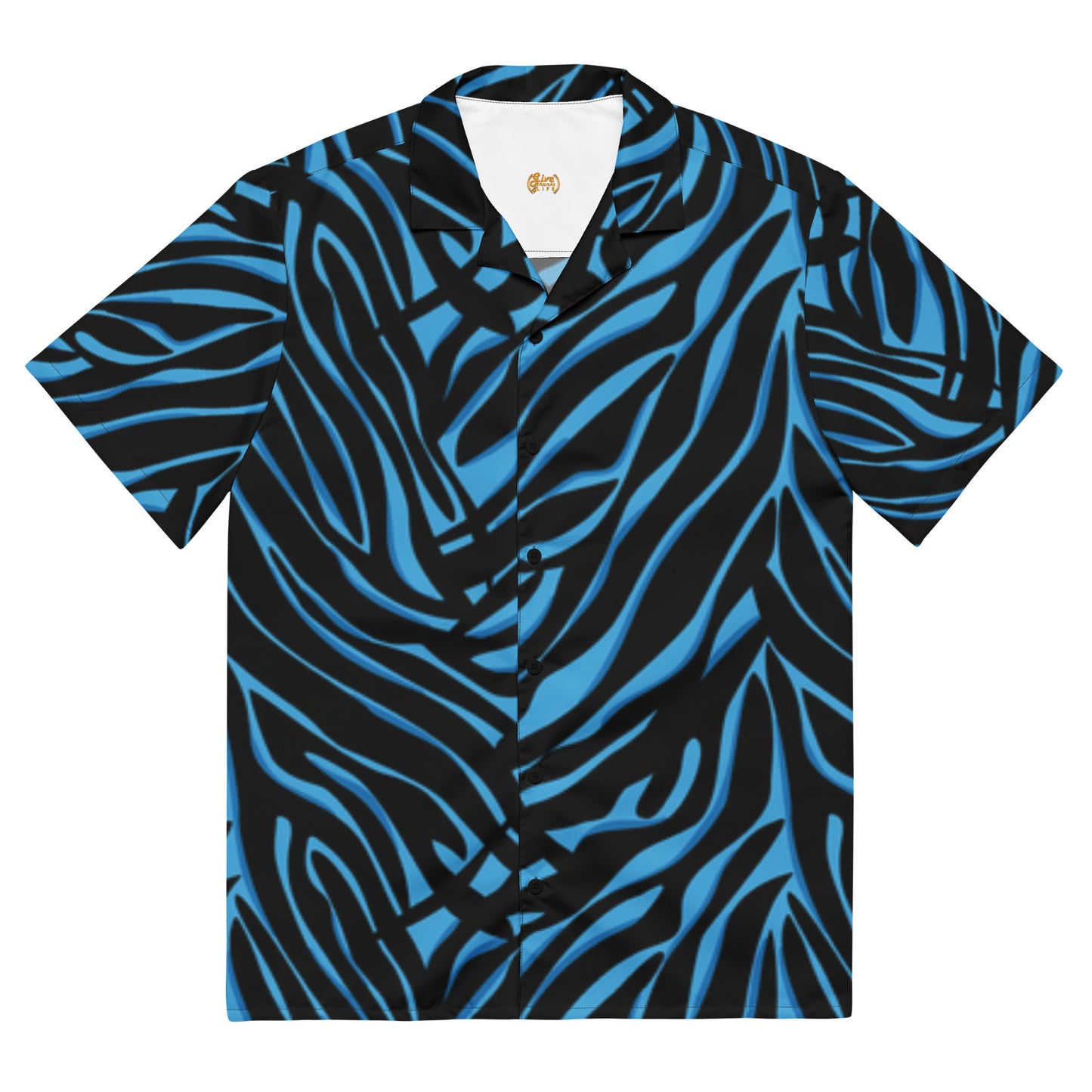 Blue and black patterned shirt on a white background