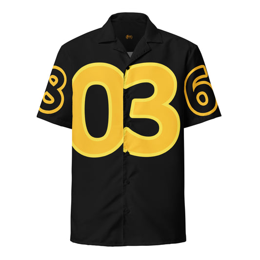 Black shirt with yellow numbers on a white background
