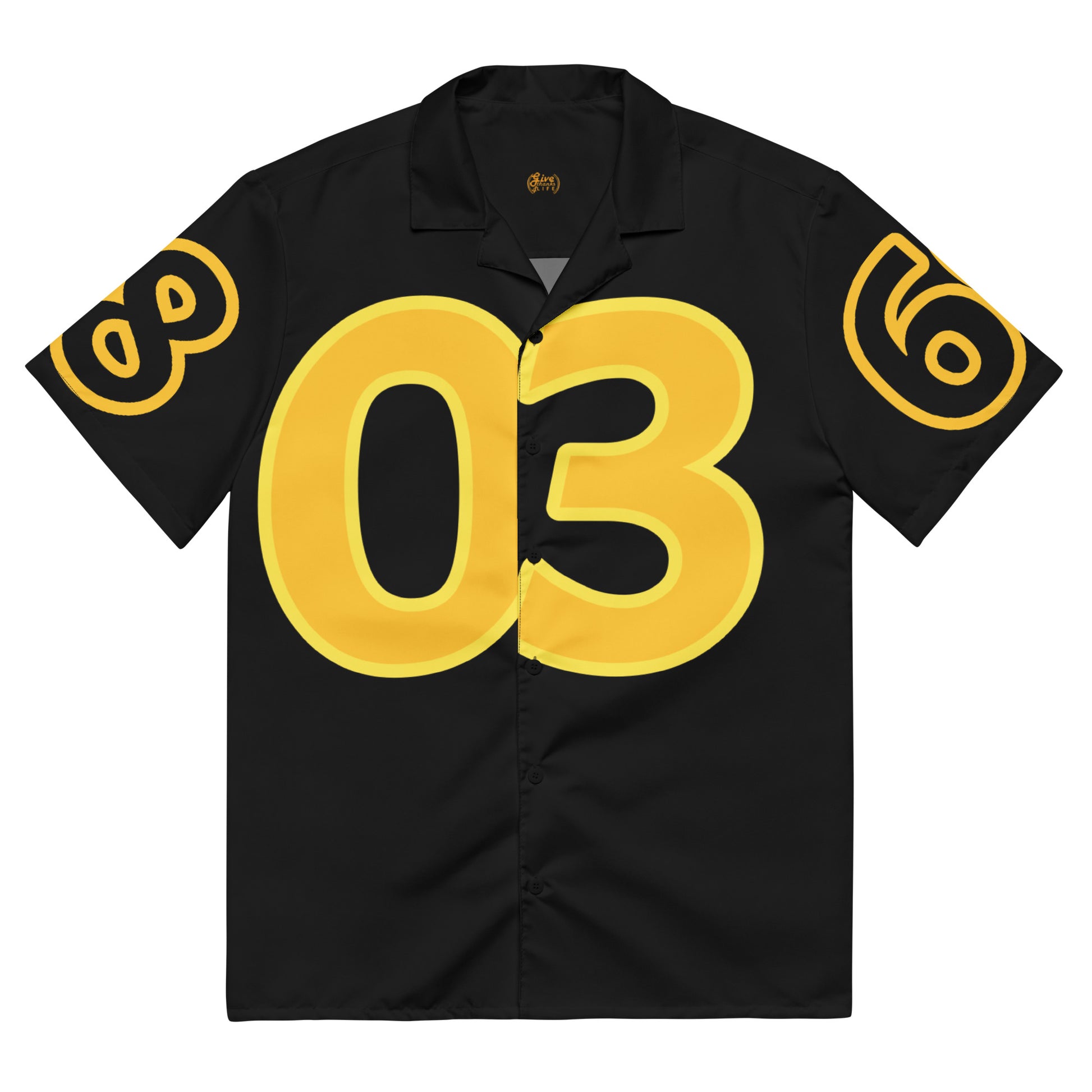 Black shirt with yellow numbers and designs on a white background