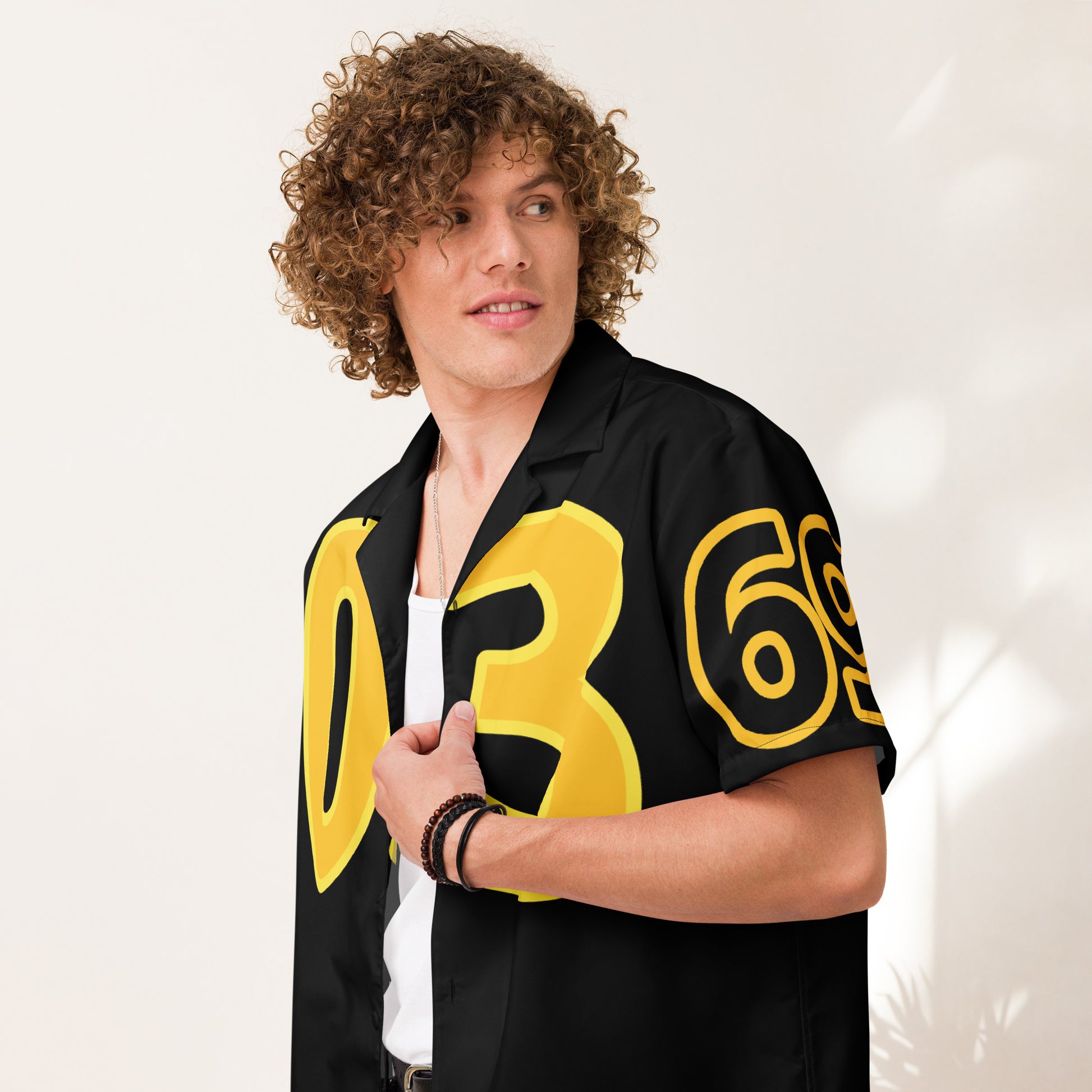 Person wearing a black shirt with large yellow numbers on a white background