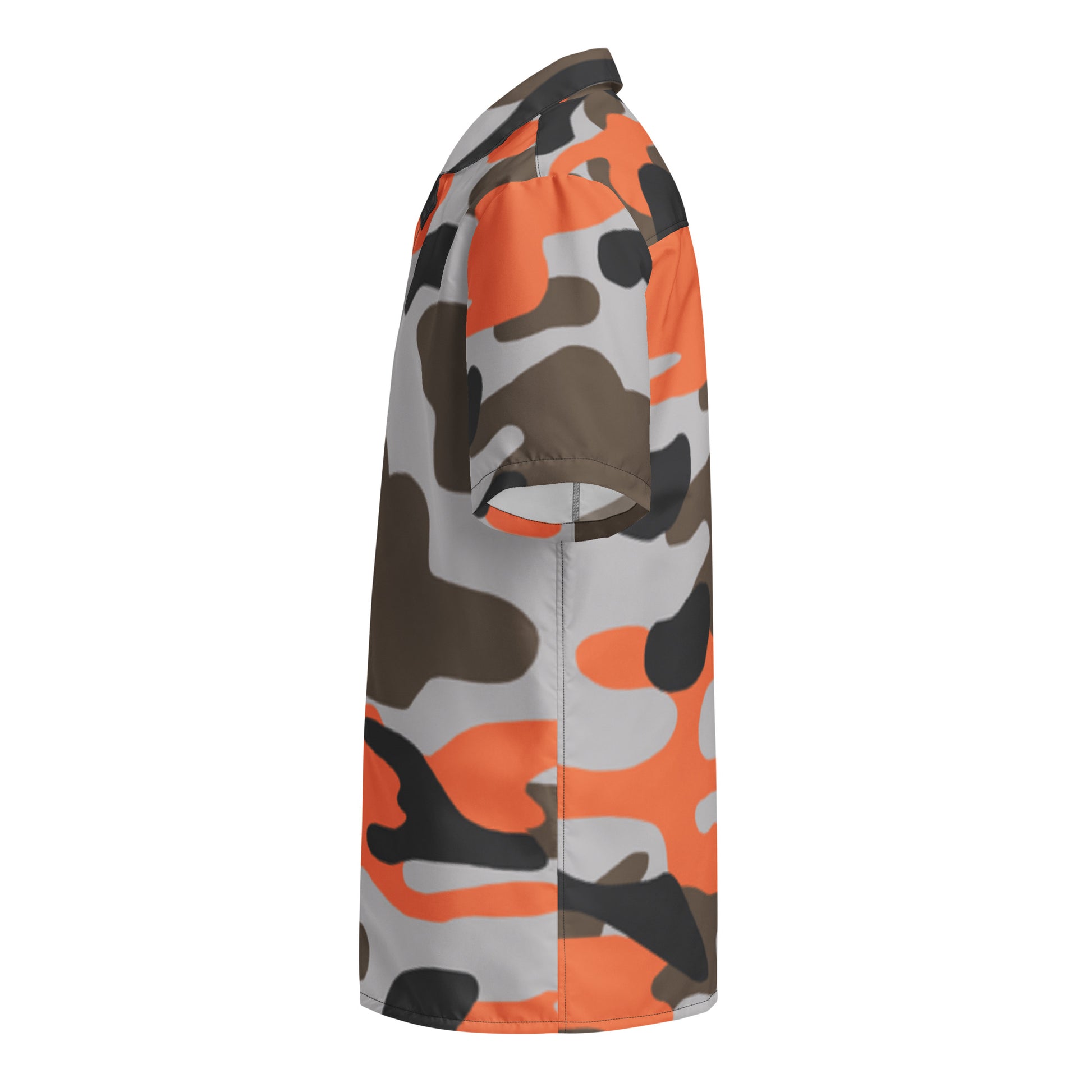 Camouflage-patterned shirt with orange, gray, and brown colors on a white background