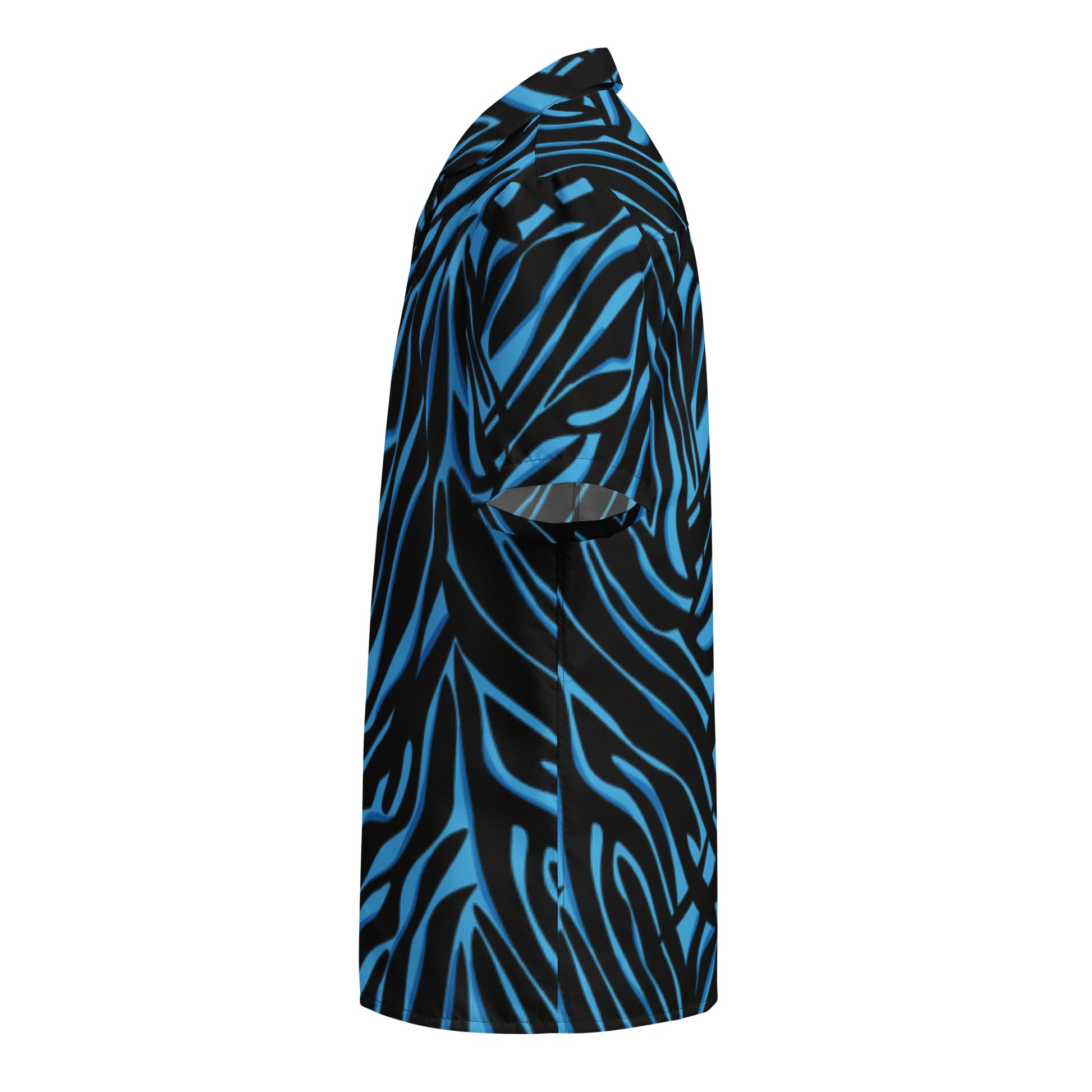 Blue and black zebra patterned shirt on a white background
