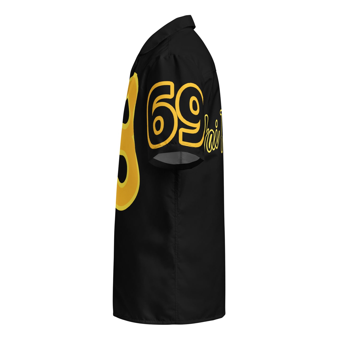 Black shirt with yellow '69' logo on a white background