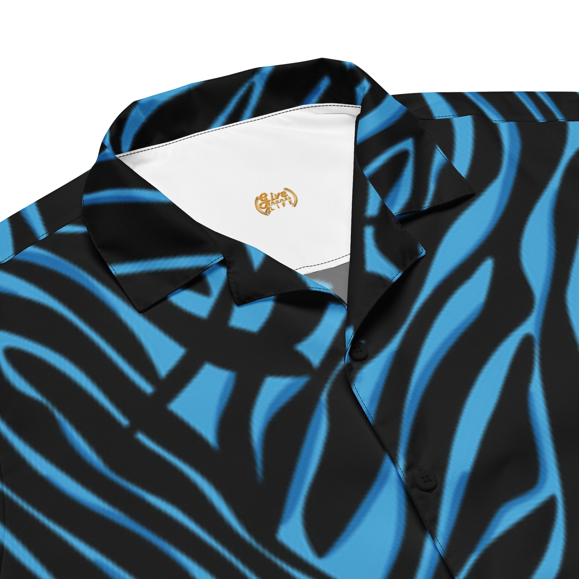Blue and black patterned shirt with a white collar and logo.