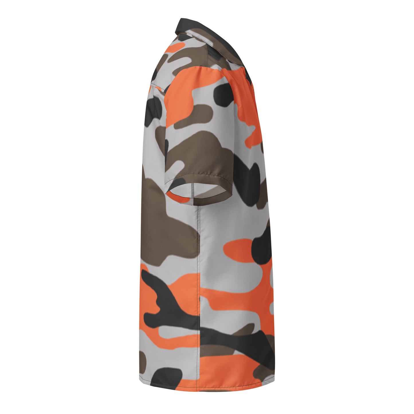Camouflage-patterned shirt with orange, brown, and gray colors on a white background