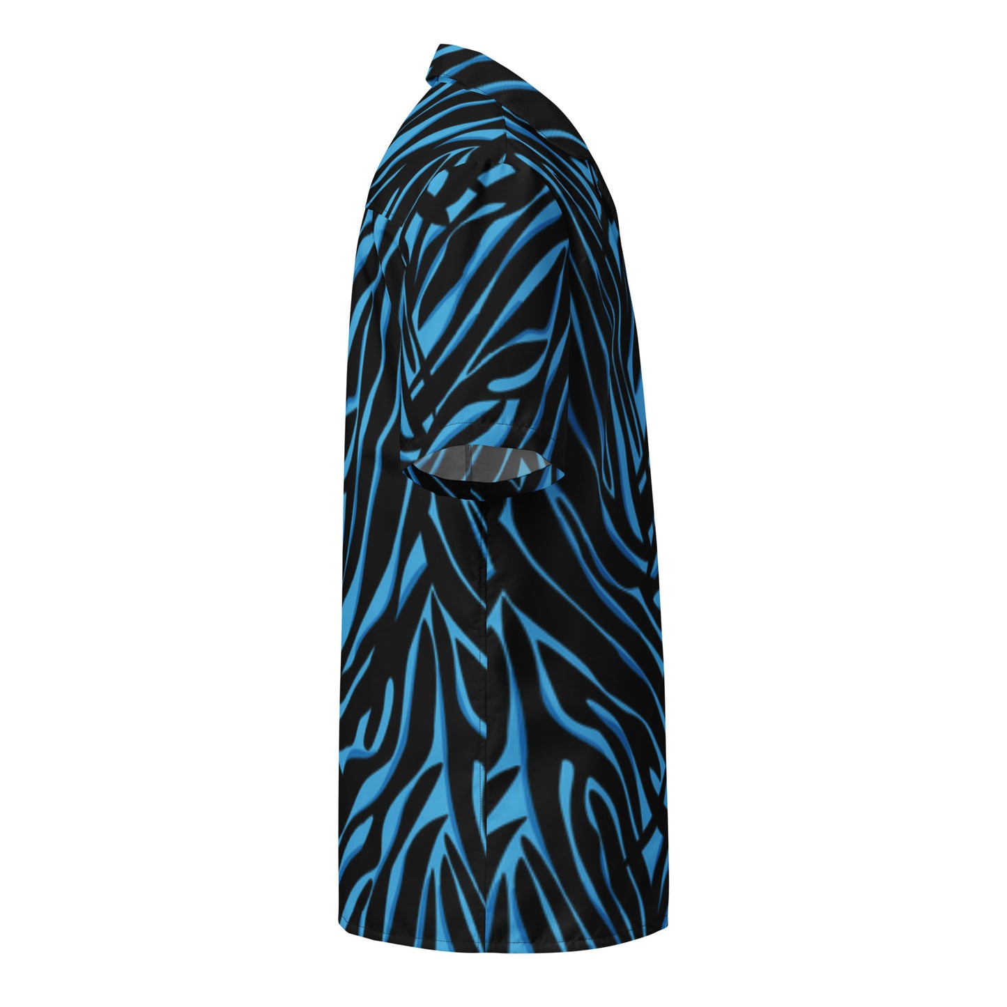 Blue and black zebra patterned shirt on a white background