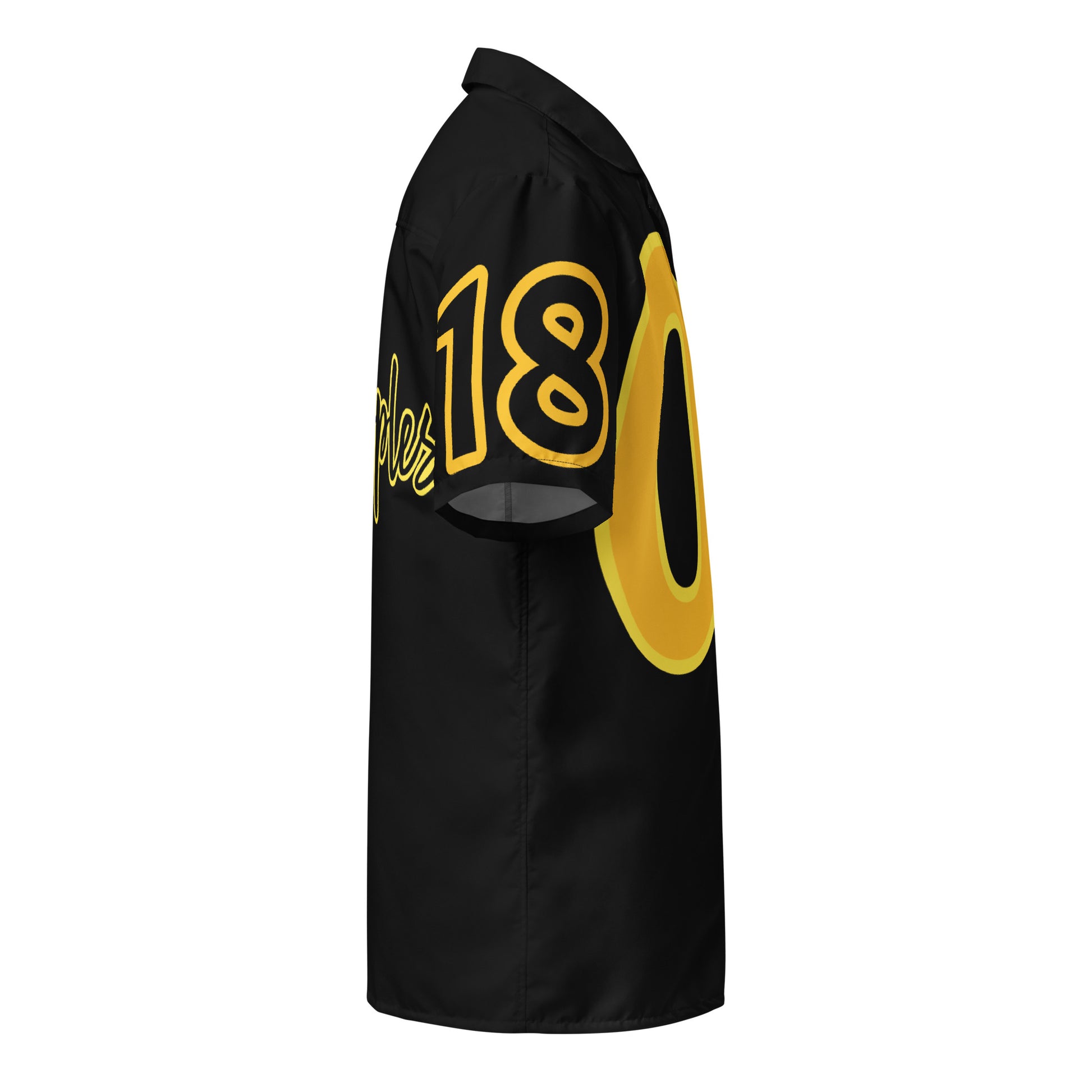 Black shirt with yellow text and number on a white background