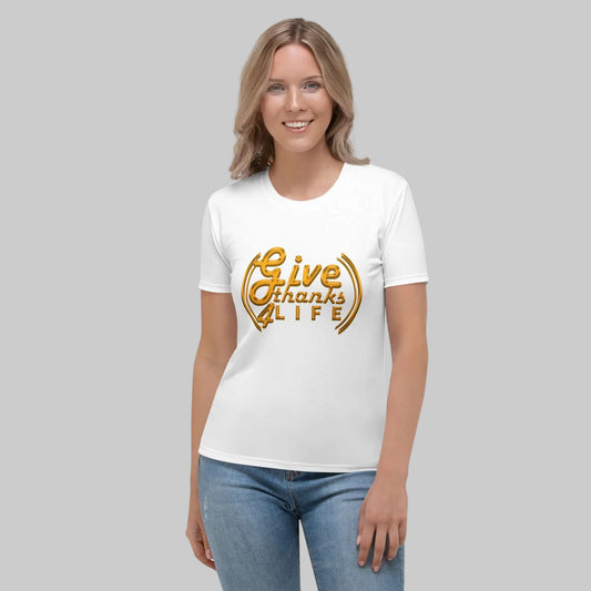 Woman wearing a white t-shirt with 'Give Thanks 4 Life' text on a white background