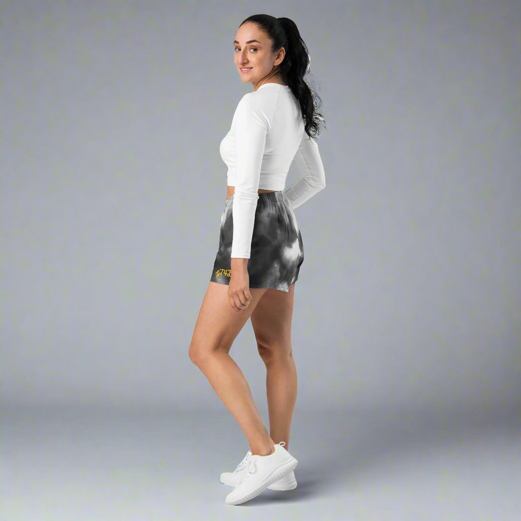 GT4L Women's Grey Tie Dye Recycled Athletic Shorts, view 3