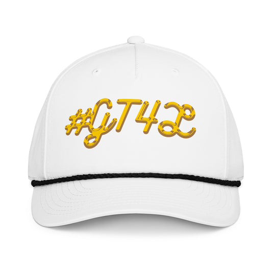 White cap with yellow '#GT42' text on a white background