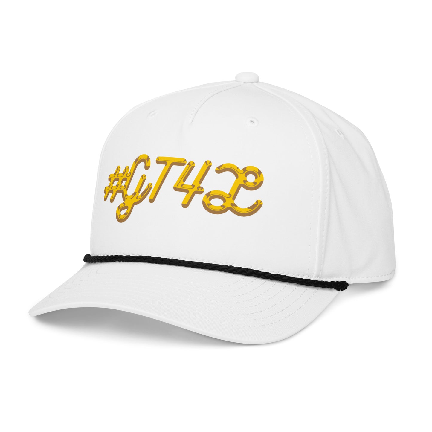 White cap with yellow text '#GT42' on a white background