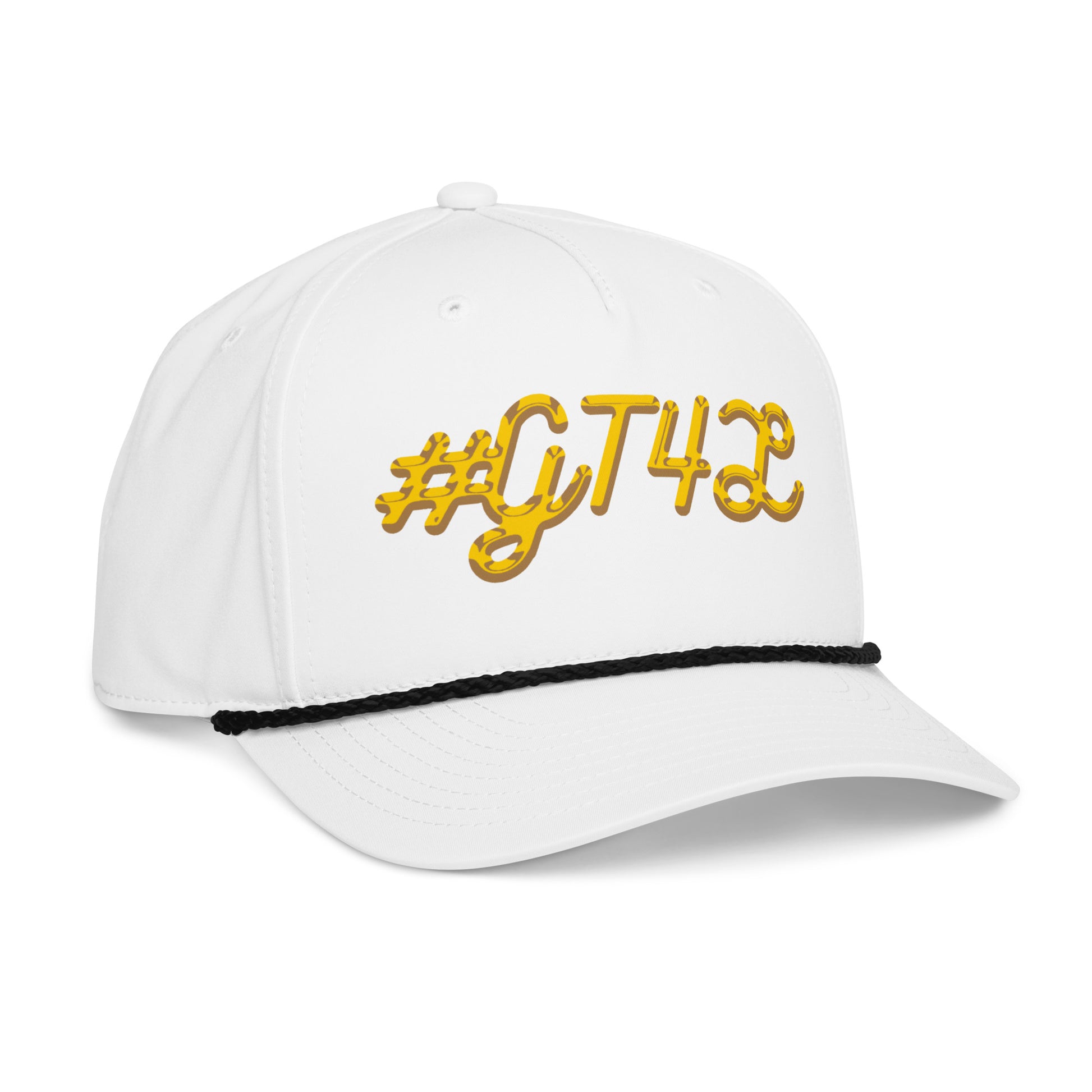 White cap with yellow '#G4T4L' text on a white background