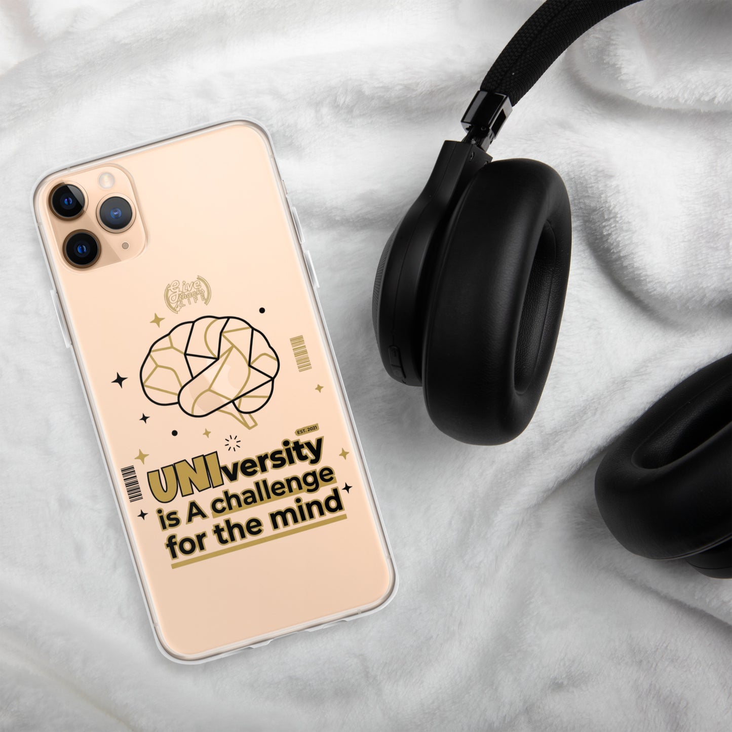 Phone case with brain design and text on a light background with headphones