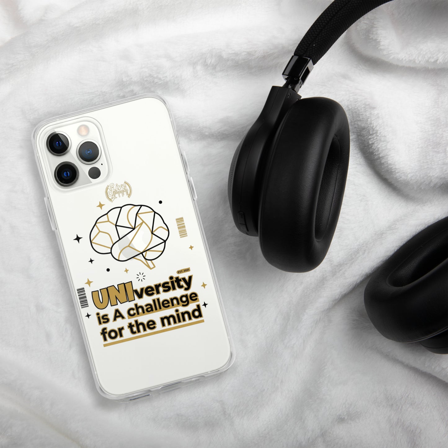 Phone case with 'UNIversity is a challenge for the mind' text and design on a marble surface with headphones.