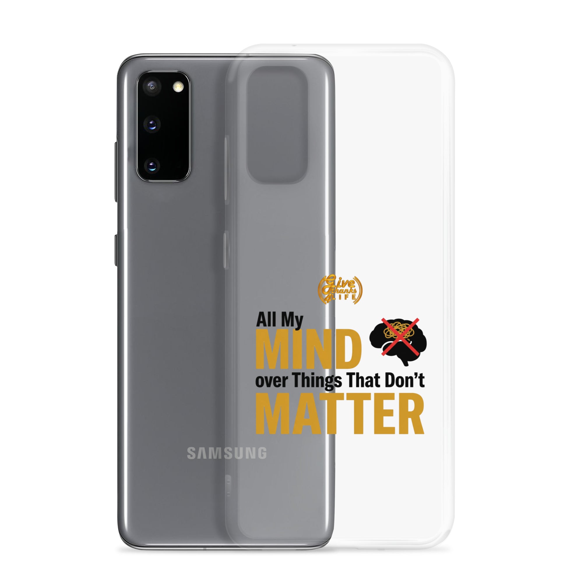 Samsung phone case with text and logo design on a white background