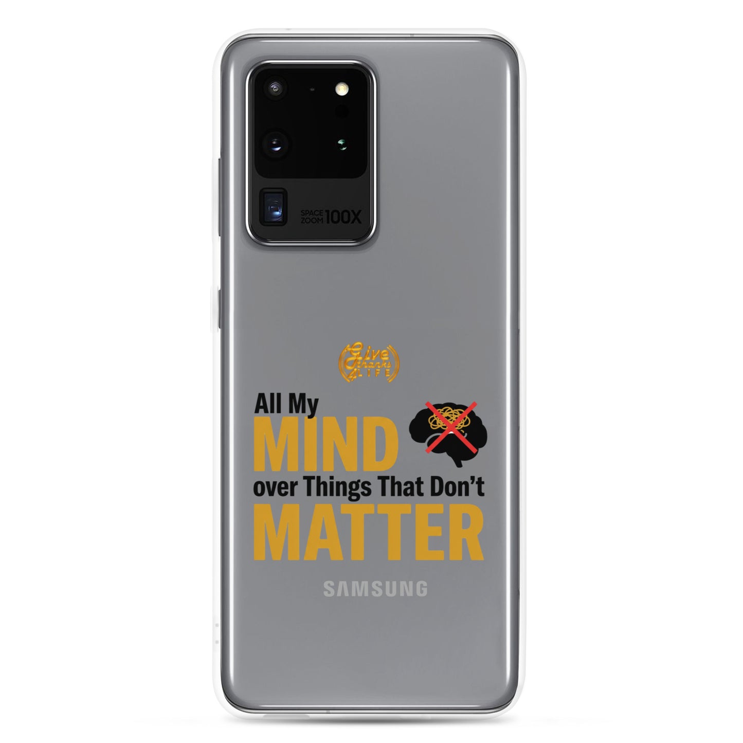 Samsung phone case with text and logo on a white background