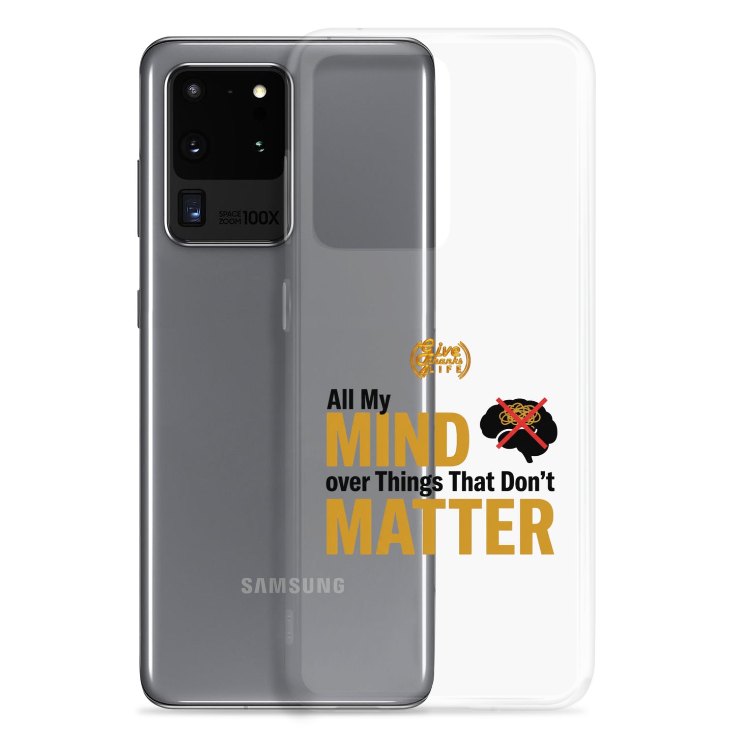 Samsung phone case with text design on a white background