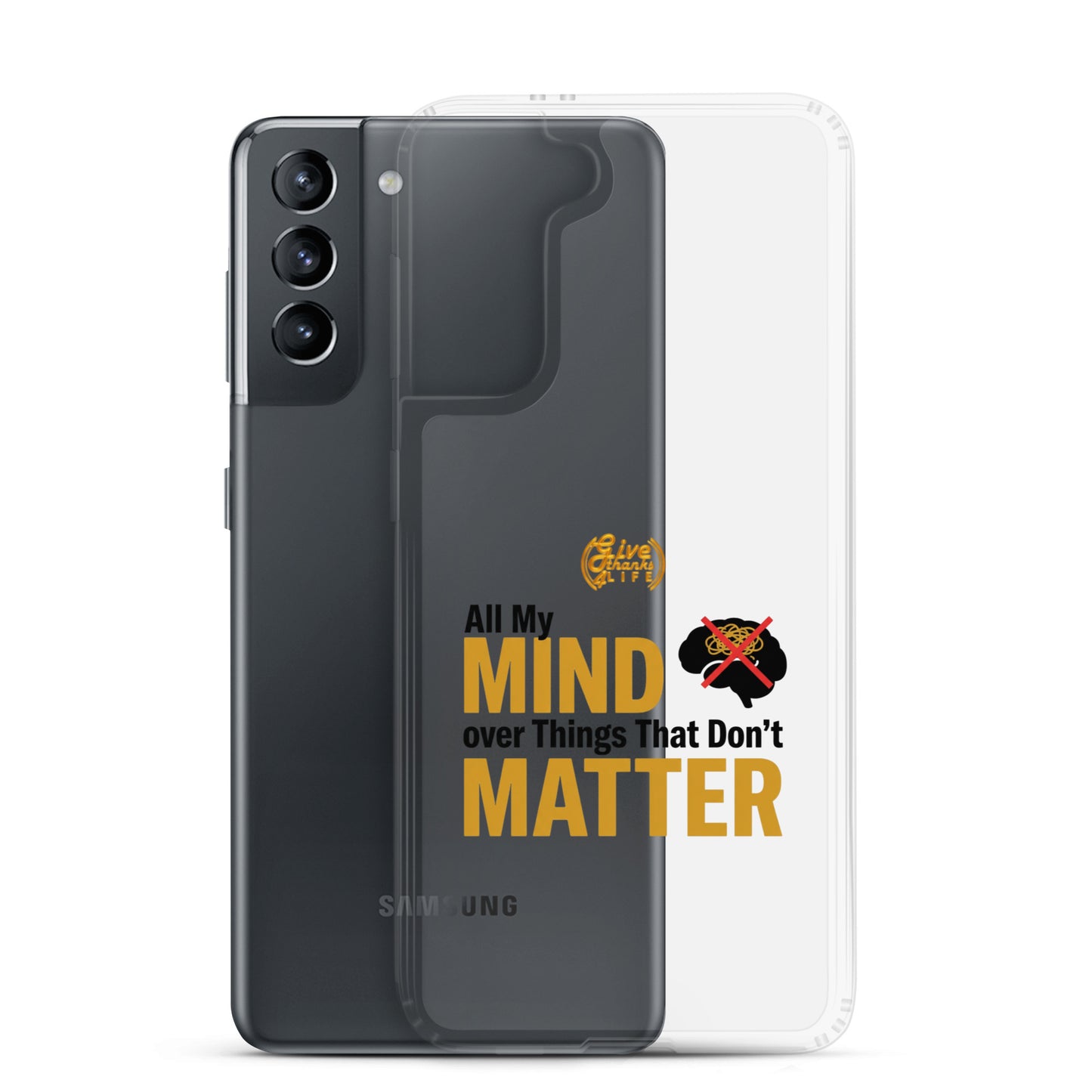 Samsung phone case with text design on a white background