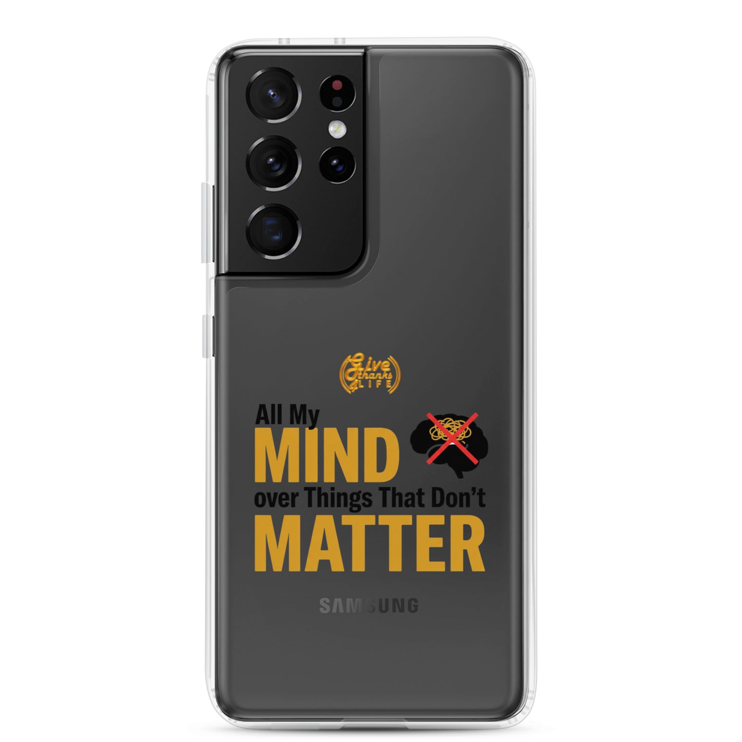 Samsung phone case with text and logo on a white background