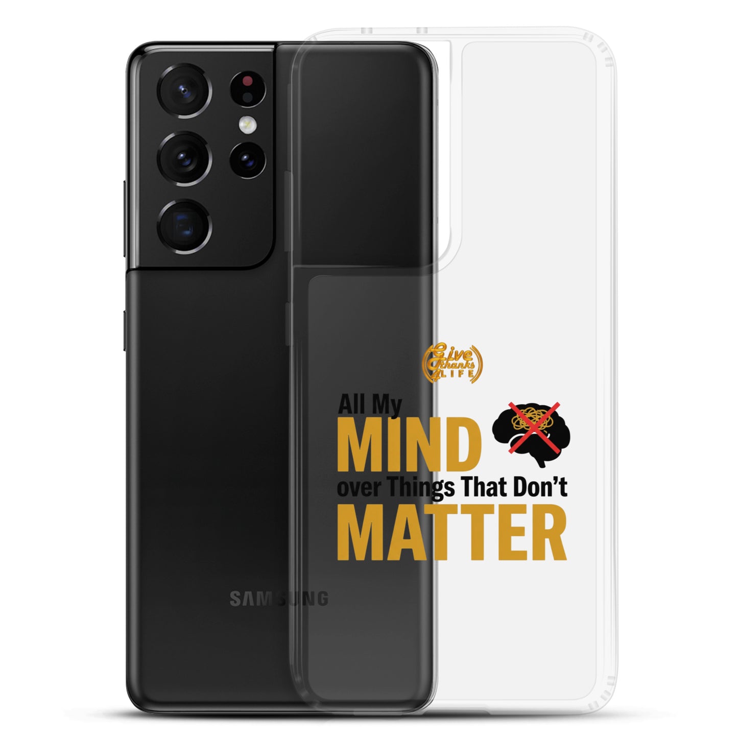 Black phone case with text and graphic design on a white background