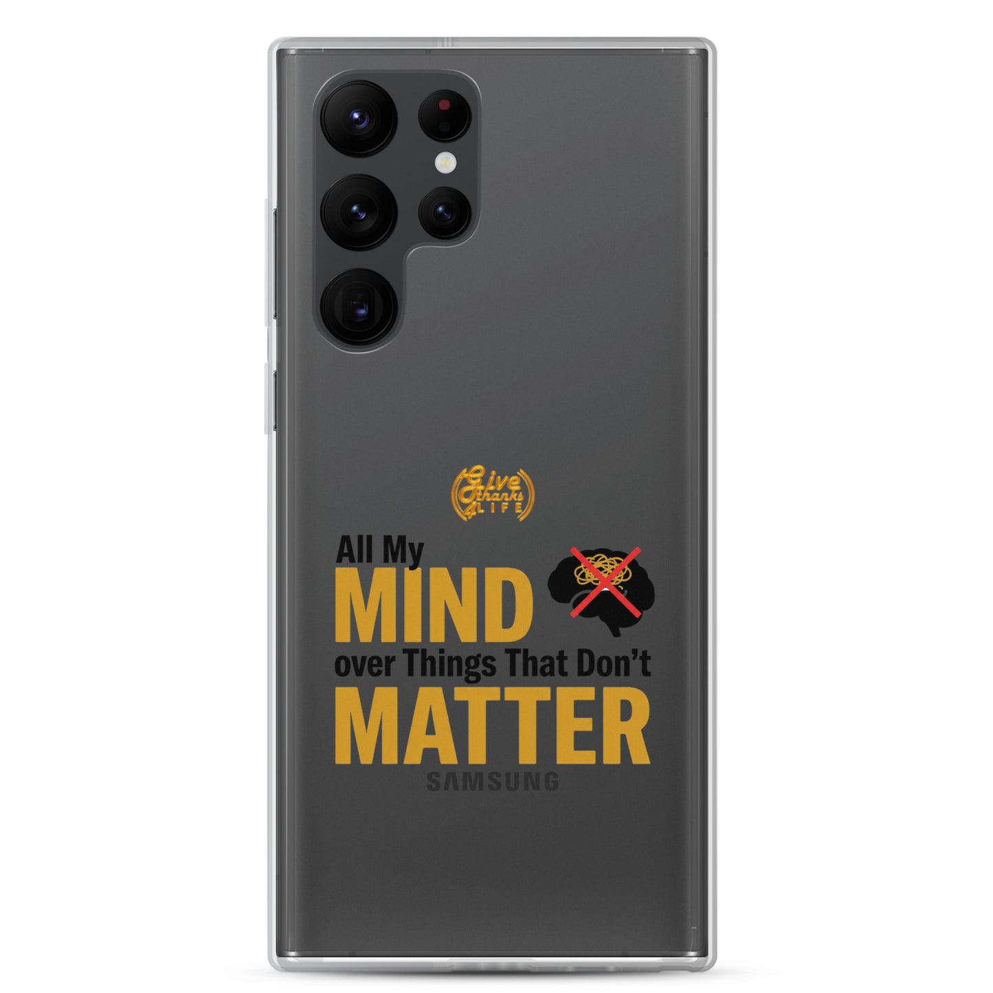 Samsung phone case with motivational quote and logo on a white background