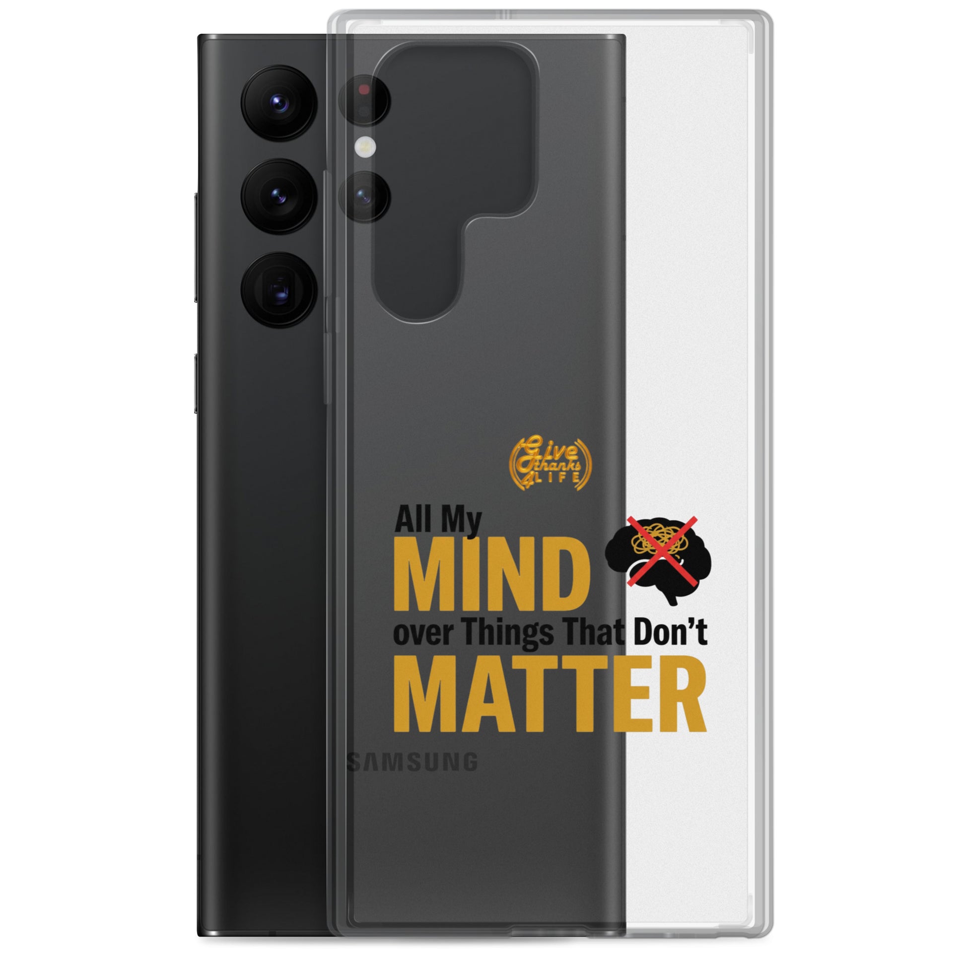 Samsung phone case with text design on a white background