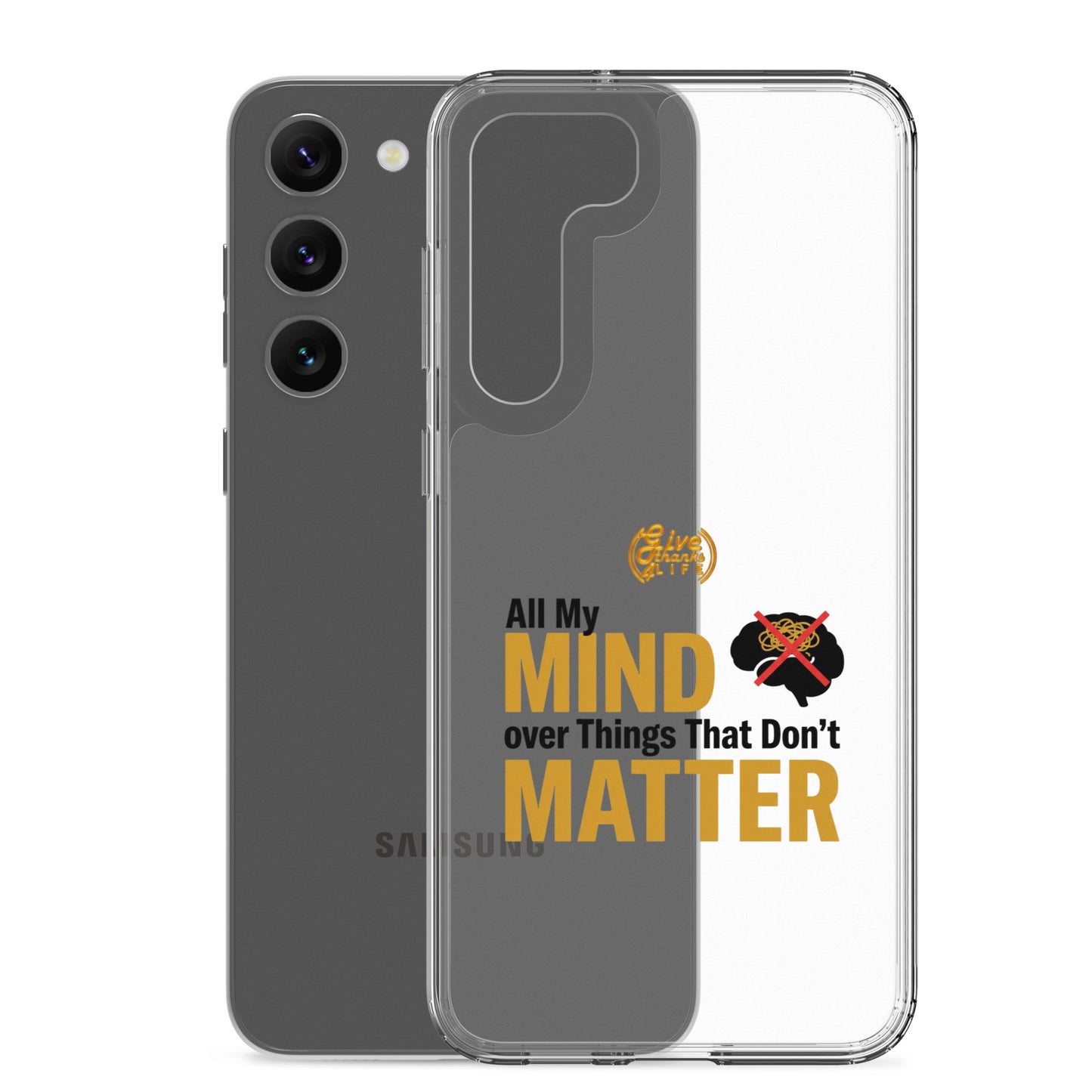 Phone case with text and logo on a white background
